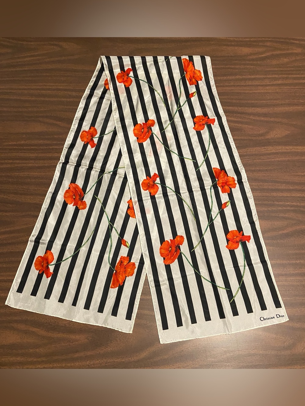 Vintage Dior Striped Scarf with Red Orange Poppies